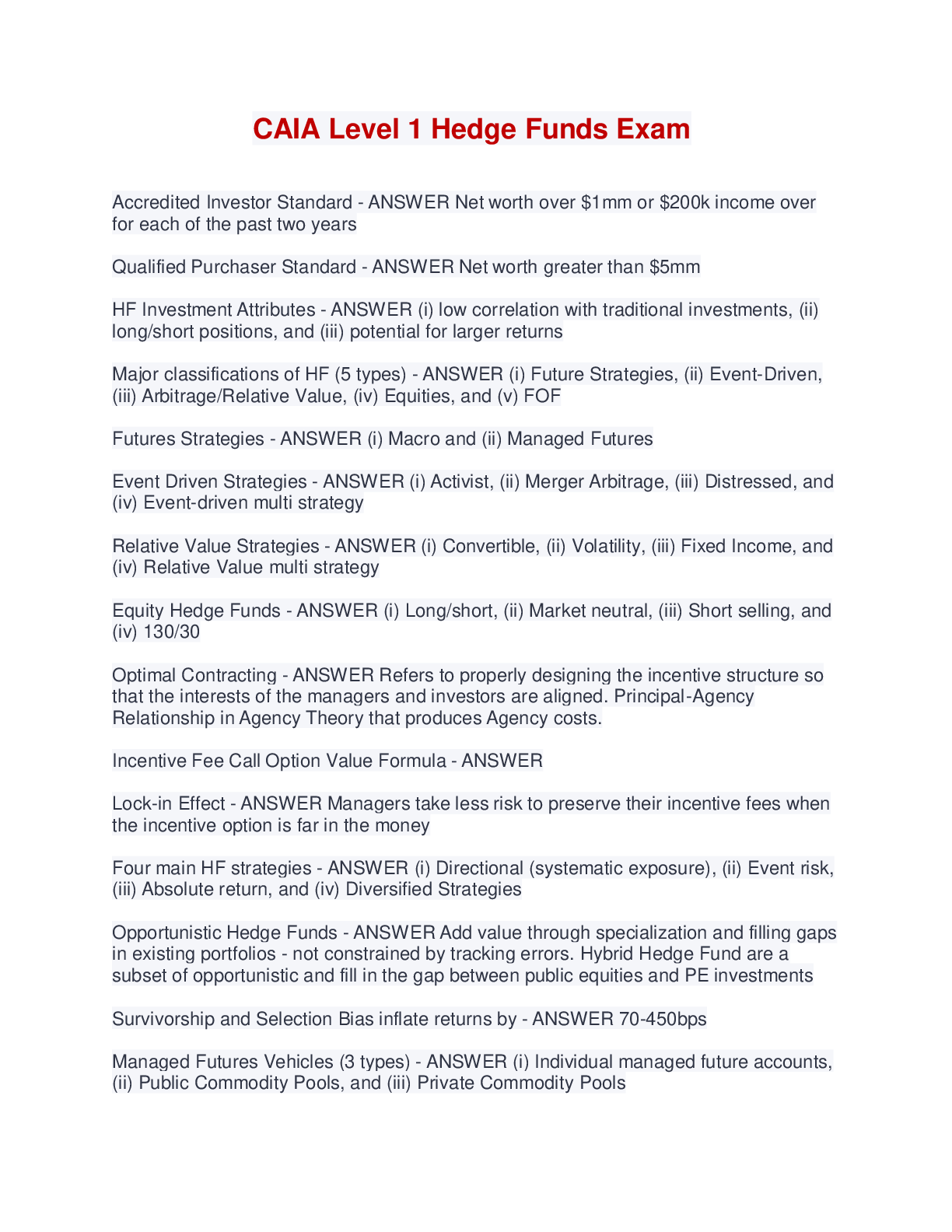 Preview image of CAIA Level 1 Hedge Funds Exam document